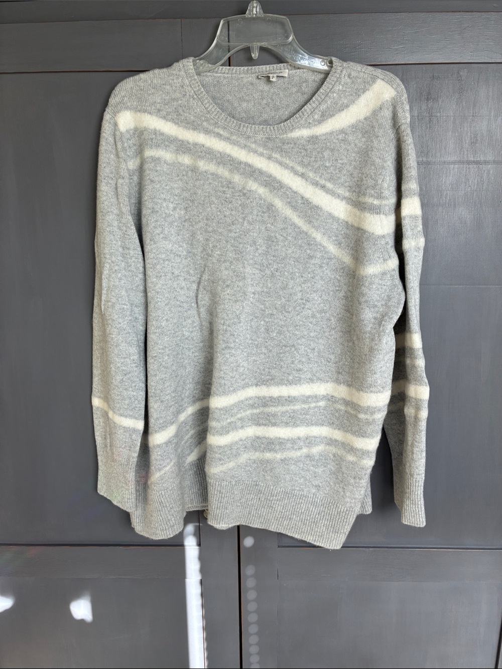 Lafayette 148 New York cashmere Gray and Cream Striped Crewneck Sweater xl